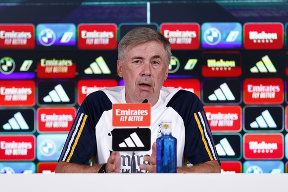 August 24, 2023, VALDEBEBAS, MADRID, SPAIN: Carlo Ancelotti attends his press conference, PK, Pressekonferenz after the training day of Real Madrid celebrated at Ciudad Deportiva Real Madrid on august ...