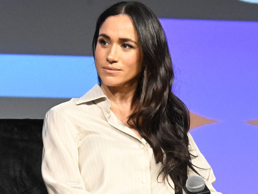 AUSTIN, TEXAS - MARCH 08: Meghan, Duchess of Sussex speaks onstage during the Breaking Barriers, Shaping Narratives: How Women Lead On and Off the Screen panel during the 2024 SXSW Conference and Fest ...