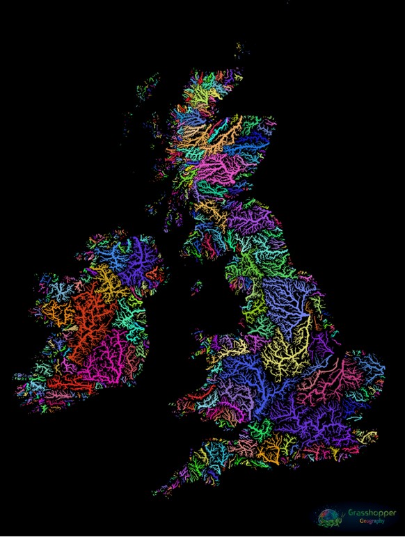 Sowohl Irland als auch Großbritannien sind Inseln, weshalb beide über keinen Fluss der kontinentalen Klasse verfügen. Zwanzig der 30 längsten britischen Flüsse sind weniger als 160 km lang. Der längste Fluss in Großbritannien ist der Severn (220 Meilen, 354 km), dessen Einzugsgebiet im Südwesten blau dargestellt ist. Irlands längster Fluss ist der Shannon (224 Meilen, 360 km). Sogar zusammen sind sie nicht so lang wie Frankreichs Seine (483 Meilen, 777 km).