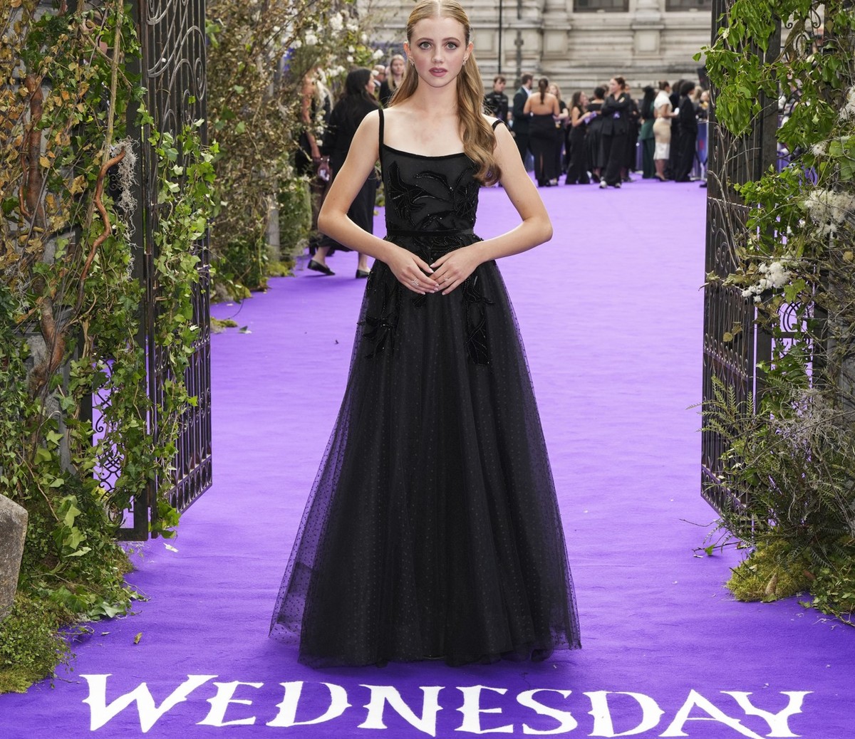 Evie Templeton poses for photographers upon arrival at the premiere of the the television series 'Wednesday' on Wednesday, July 30, 2025, in London. (Photo by Scott A Garfitt/Invision/AP)