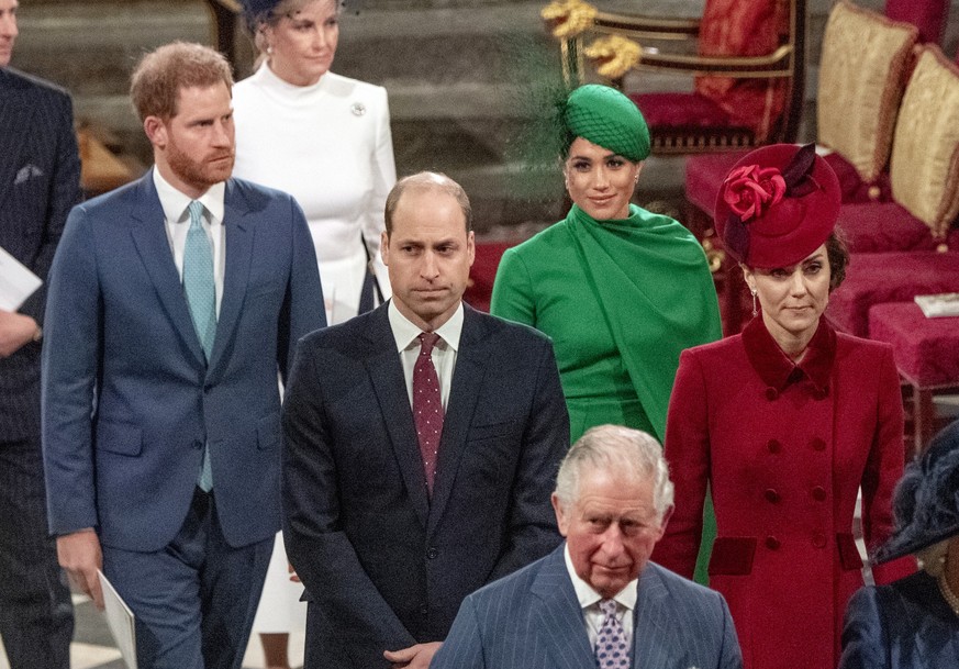 LONDON, ENGLAND - MARCH 09: Prince Harry, Duke of Sussex, Meghan, Duchess of Sussex, Prince William, Duke of Cambridge, Catherine, Duchess of Cambridge and Prince Charles, Prince of Wales attend the C ...