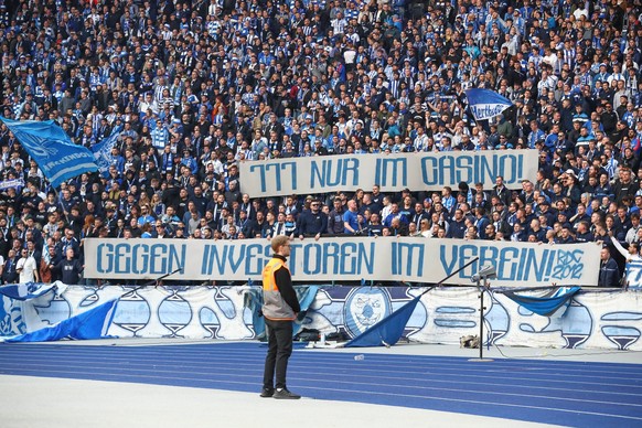 April 8th, 2023, xtgx, football 1st Bundesliga, Hertha BSC Berlin - RB Leipzig emspor, from left banner 777 only in the casino, against investors in the association DFL/DFB REGULATIONS PROHIBIT ANY USE OF PHOTOGRAPHS as I...