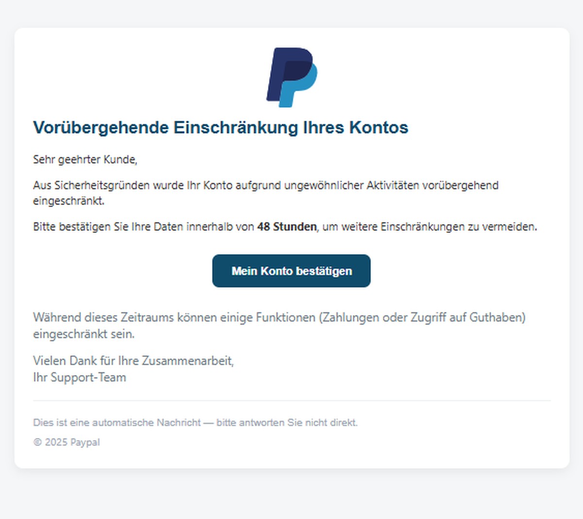 Vor dieser Phishing-Mail an Paypal-Kunden warnt die Verbraucherzentrale.