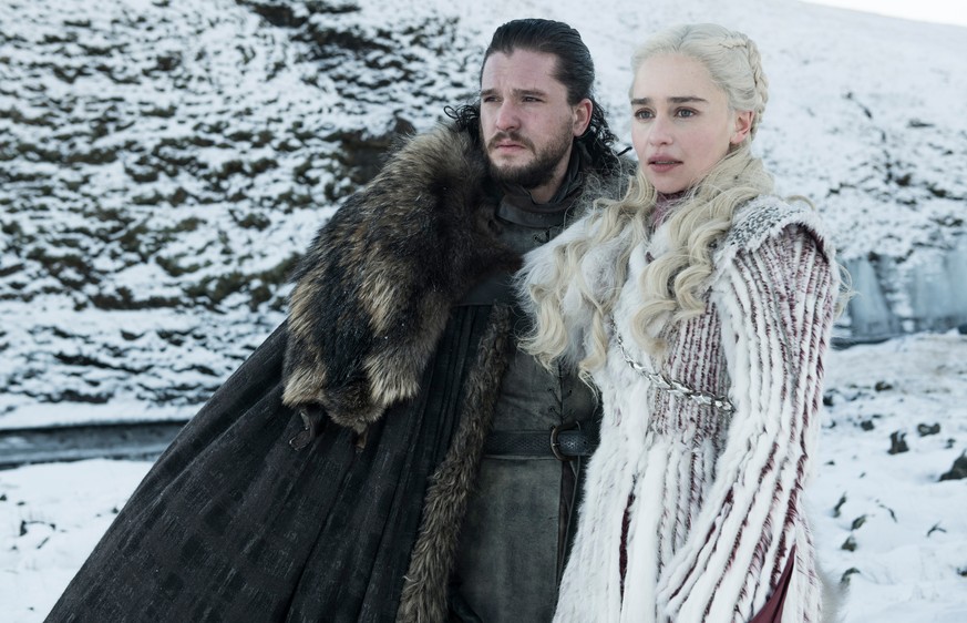 This photo released by HBO shows Kit Harington as Jon Snow, left, and Emilia Clarke as Daenerys Targaryen in a scene from &quot;Game of Thrones,&quot; which premiered its eighth season on Sunday. (HBO ...