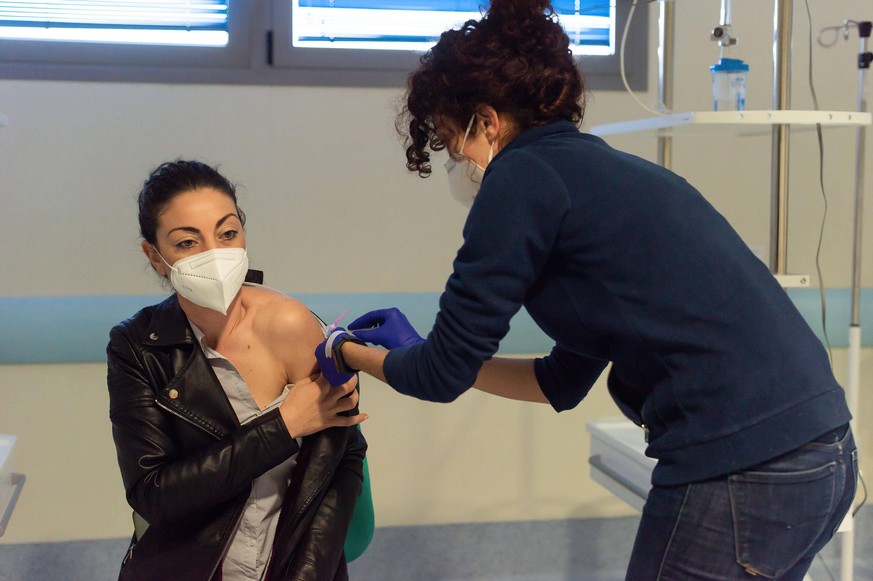 March 15, 2021, Coria, Spain: A healthcare worker administers Astra Zeneca COVID19 Vaccine to a frontline workers at Coria City Hospital..Some European countries have cancelled the administration of A ...
