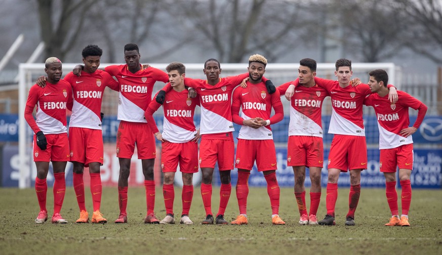 Penalty shoot out Monaco team (l-r) Yannis N Gakoutou-Yapende, Khephren Thuram-Ulien, Benoit Badiashile Mukinayi, Francesco Antonucci, Ibrahima Diallo, Sylla Moussa, Amilcar Silva, Julien Serrano &amp ...