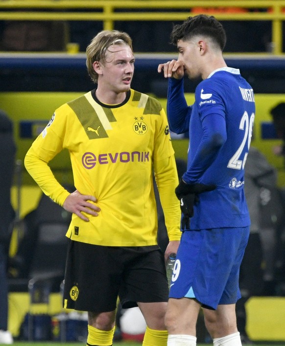 Signal Iduna Park Dortmund, 15.2.2023, Fussball: UEFA Champions League Saison 2022/23, Achtelfinale Hinspiel, Borussia Dortmund BVB vs Chelsea FC CFC alte Teamgefährten: Julian Brandt BVB, Kai Havertz ...