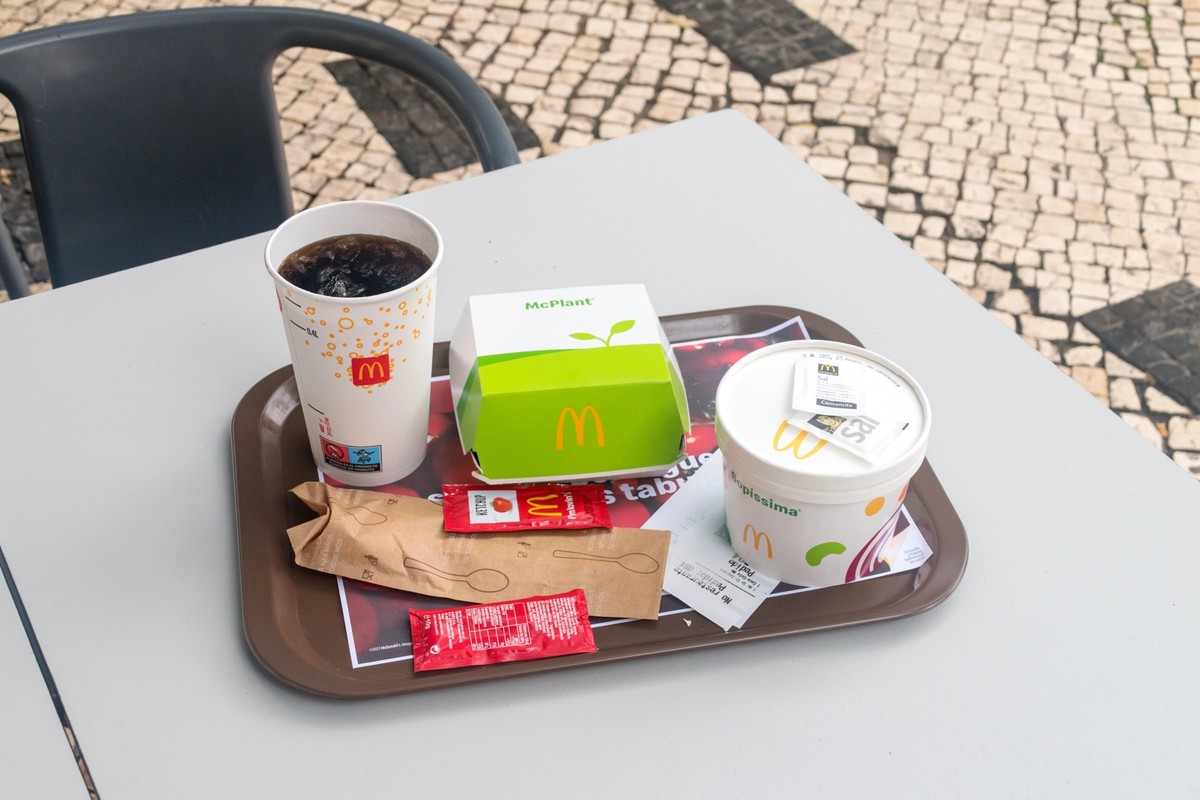 Lisbon, Portugal - December 5, 2022: McDonald&#039;s meal with McPlant burger, soup and Coca-Cola for drink.