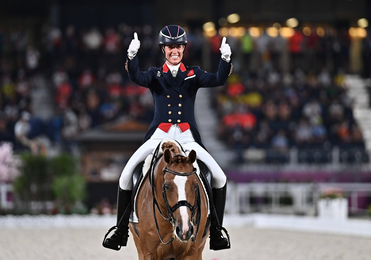 210728 -- TOKYO, July 28, 2021 -- Charlotte Dujardin of Britain gestures during the equestrian dressage individual grand prix freestyle at the Tokyo 2020 Olympic Games, Olympische Spiele, Olympia, OS  ...