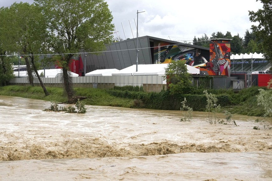 A view of the swollen Santerno River with behind the Enzo e Dino Ferrari circuit, in Imola, Italy, Wednesday, May 17, 2023. The weekend&#039;s Emilia-Romagna Grand Prix in Imola has been canceled beca ...