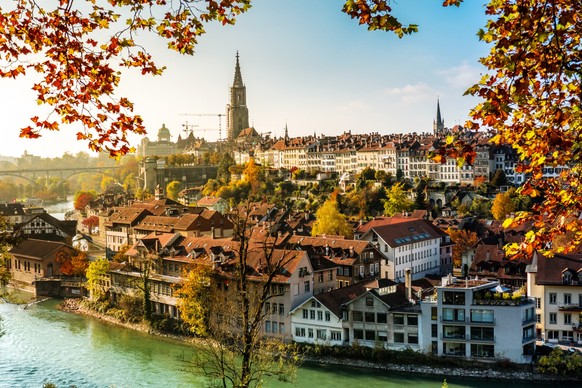 City of Bern, Münster, Aare and Federal Palace in autumn, Switzerland