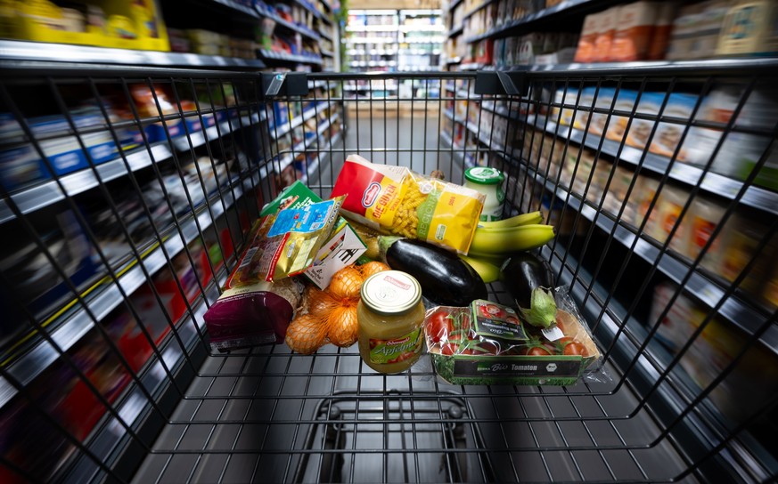 ARCHIV - 18.01.2023, Bayern, Neubiberg: Verschiedene Lebensmittel liegen in einem Supermarkt in einem Einkaufswagen. Das Statistische Bundesamt ver