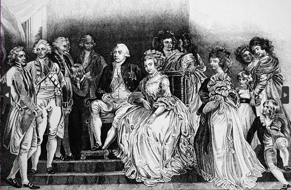 Diese Illustration aus dem 19. Jahrhundert zeigt George und Charlotte im Kreis ihrer Familie.