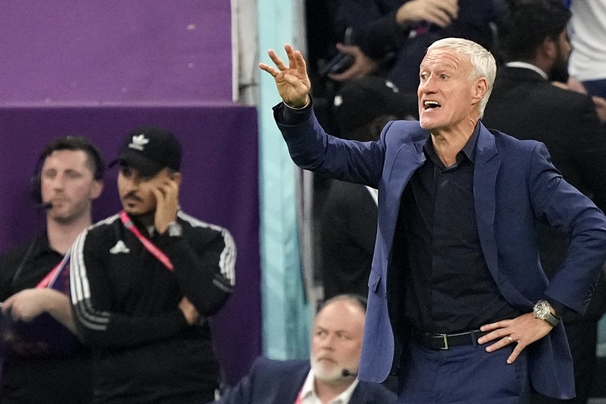 France&#039;s head coach Didier Deschamps gestures during the World Cup semifinal soccer match between France and Morocco at the Al Bayt Stadium in Al Khor, Qatar, Wednesday, Dec. 14, 2022. (AP Photo/ ...