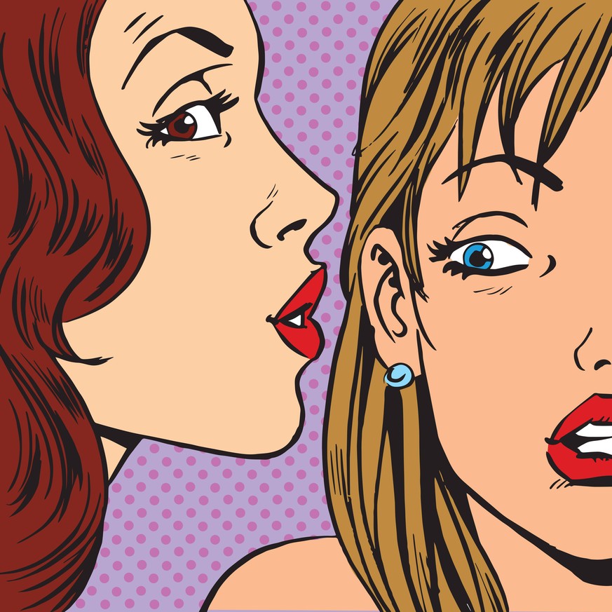 Gossips whisper of a womans ear. Emotional reaction men pop art PUBLICATIONxINxGERxSUIxAUTxONLY Copyright: xstudiostoksx Panthermedia14108549