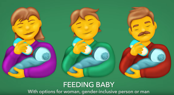 Das Baby füttern kann nicht nur Frau oder Mann, sondern auch Divers in unterschiedlichen Hauttönen.