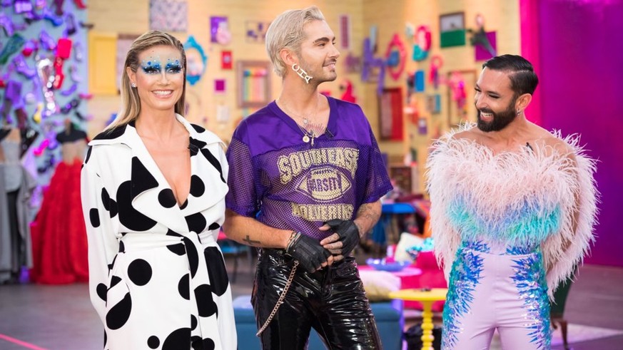 Titel: Queen of Drags; 
Staffel: 1; 
Folge: 1; 
Person: v.l.n.r.; Heidi Klum;Bill Kaulitz;Conchita Wurst; 
Copyright: ProSieben/Martin Ehleben; 
Fotograf: Martin Ehleben; 
Bildredakteur: Susi Lindlbau ...