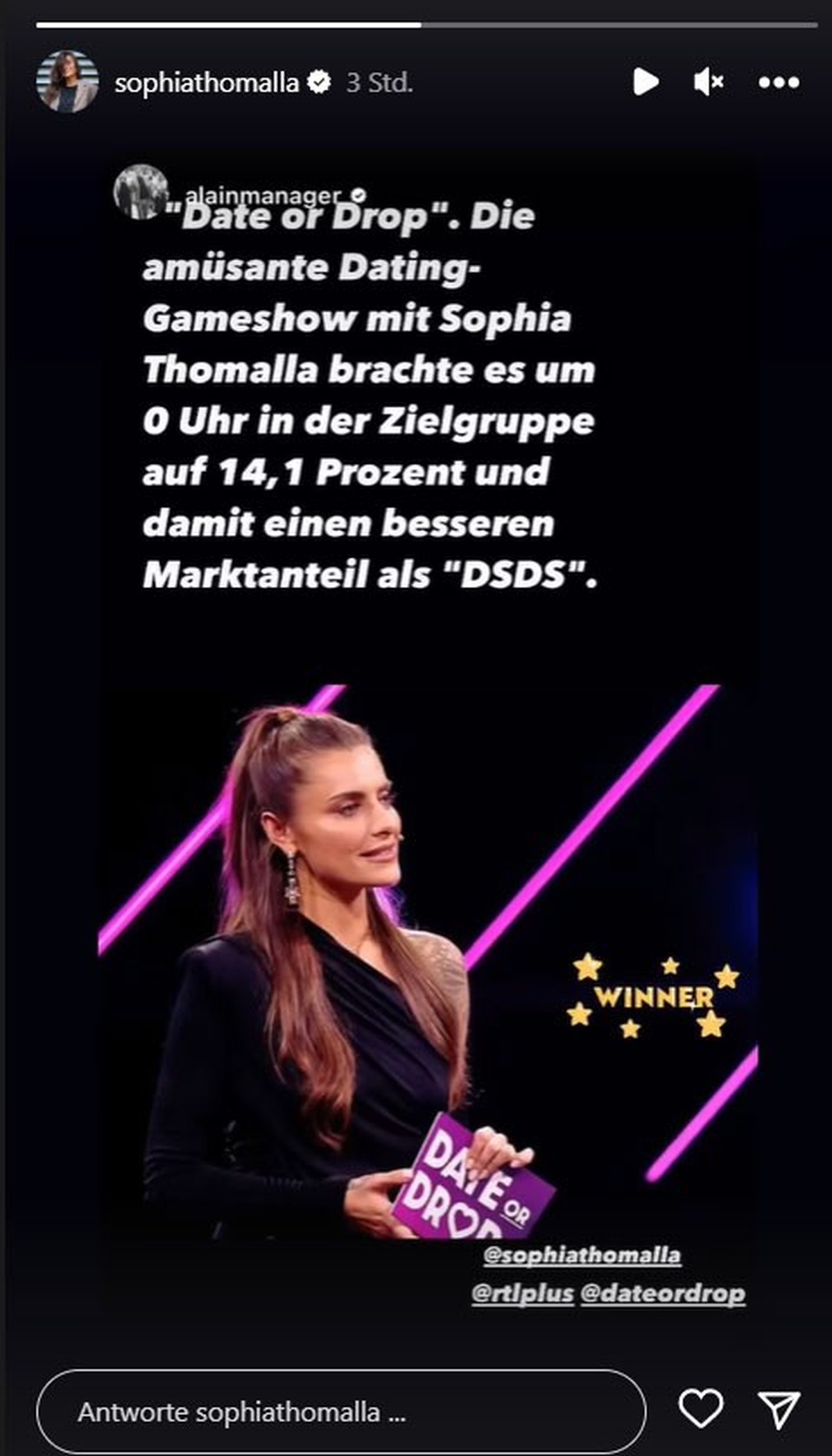 Sophia Thomalla freut sich über den hohen Marktanteil ihrer Show.