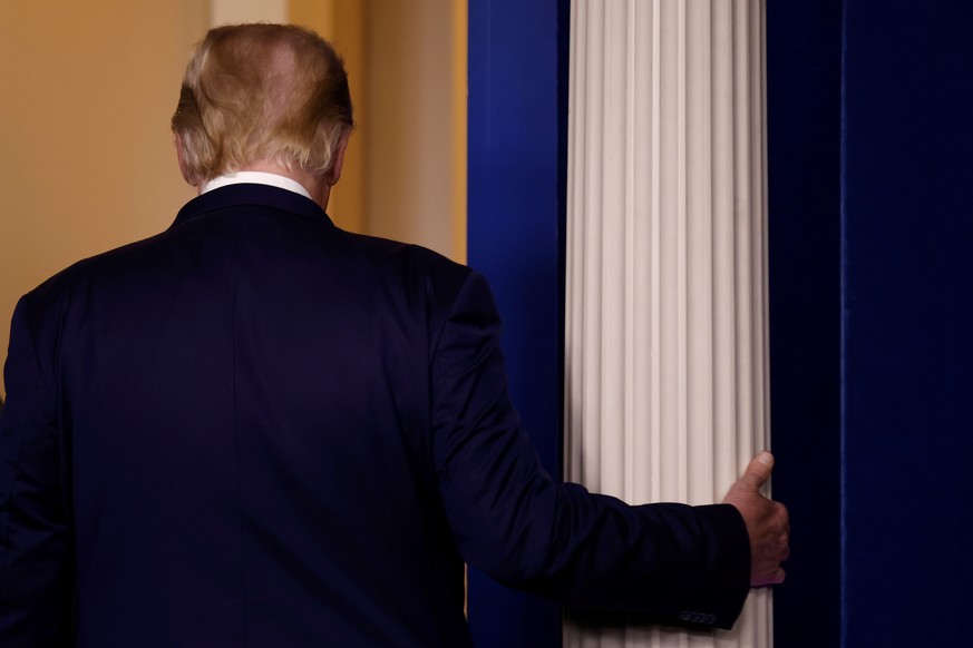 U.S. President Donald Trump departs after speaking about the 2020 U.S. presidential election results in the Brady Press Briefing Room at the White House in Washington, U.S., November 5, 2020. REUTERS/ ...