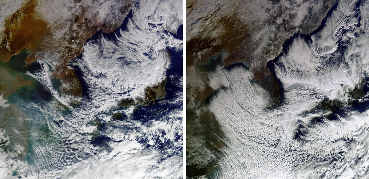 Weakened polar jet stream The image (R) taken on the afternoon of Jan. 24, 2016, by South Korea's geostationary satellite Chollian shows the country's western side covered in clouds shaped l ...