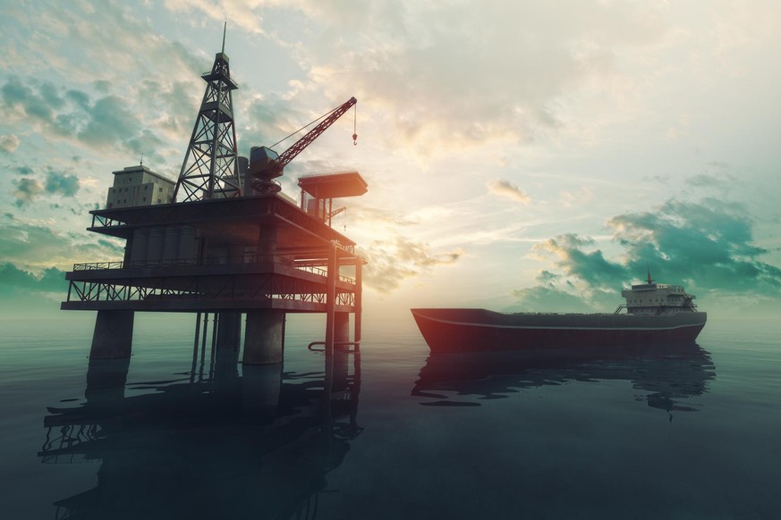 Sea oil rig with approaching tanker ship at sunset. 3D Render.