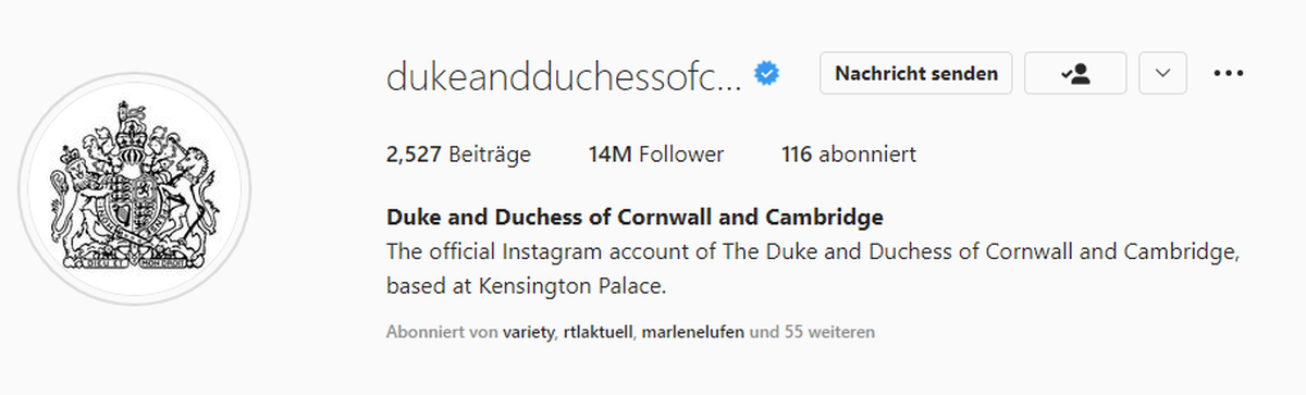 Auf der Instagram-Seite von William und Kate stehen ihre neue Titel.