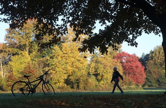 NEW JERSEY, UNITED STATES - OCTOBER 28: A person walks towards a bike as yellow, green and brown colored trees covered Saddle River County Park during autumn season in Bergen County, New Jersey, Unite ...