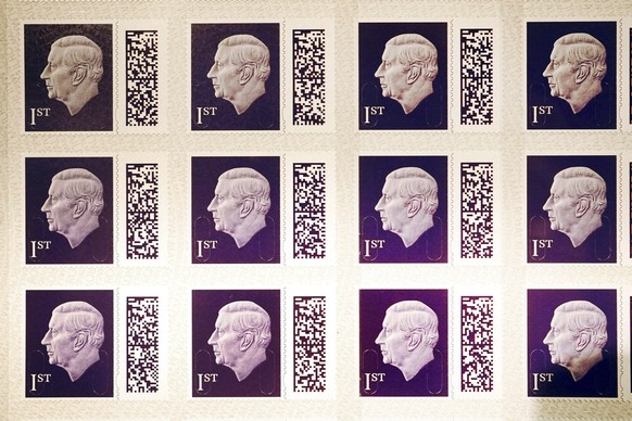 A view of a sheet of the 1st class definitive stamps featuring Britain&#039;s King Charles III going on display at the Postal Museum in central London, before they enter circulation later this year, i ...