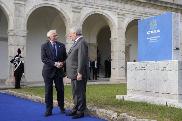 Italian Foreign Minister Antonio Tajani, right, welcomes European Union foreign policy chief Josep Borrell at the G7 Foreign Ministers meeting, on the Island of Capri, Italy, Wednesday, April 17, 2024 ...