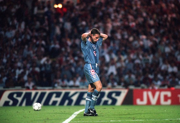 Gareth Southgate File Photo. File photo dated 26-06-1996 of Gareth Southgate dejected after failing to score in the penalty shoot out which ended England&#039;s chances in the Euro &#039;96 semi-final ...