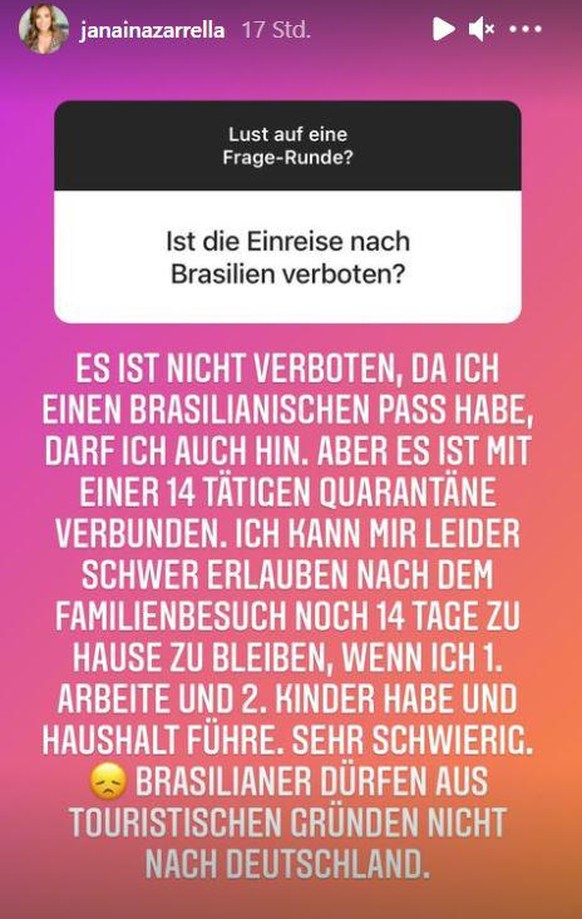 Die Moderatorin macht deutlich, dass sie aufgrund der Einschränkungen nicht mal eben so nach Brasilien fahren kann.