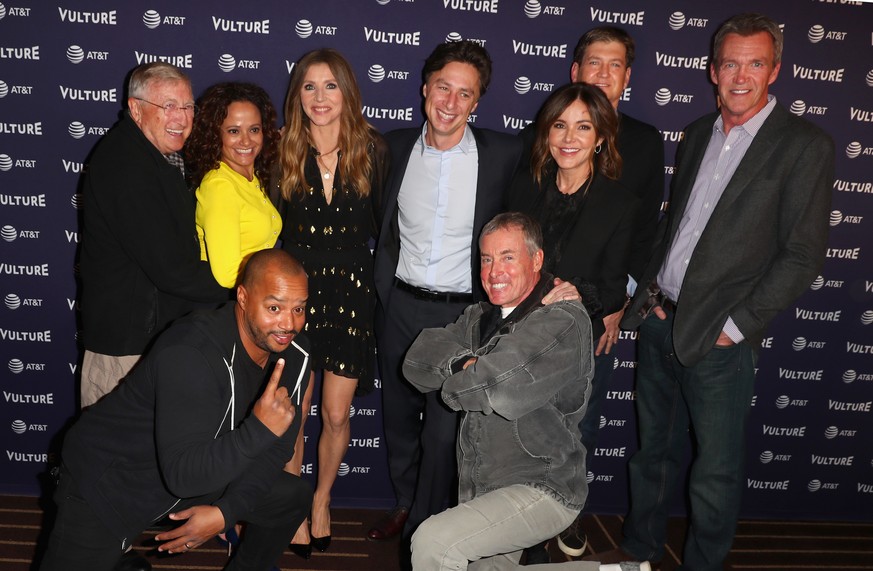 HOLLYWOOD, CA - NOVEMBER 17: (L-R) Ken Jenkins, Donald Faison, Judy Reyes, Sarah Chalke, Zach Braff, John C. McGinley, Christa Miller, Bill Lawrence, and Neil Flynn attend &#039;Scrubs Reunion&#039; d ...