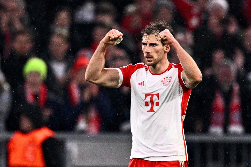 05.03.2024, Bayern, München: Fußball: Champions League, FC Bayern München - Lazio Rom, K.o.-Runde, Achtelfinale, Rückspiele, Allianz Arena. Münchens Leon Goretzka jubelt nach dem 3:0-Sieg. Foto: Tom W ...