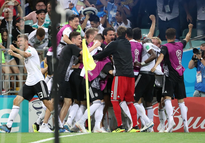 Soccer Football - World Cup - Group F - Germany vs Sweden - Fisht Stadium, Sochi, Russia - June 23, 2018 Germany&#039;s Toni Kroos celebrates scoring their second goal with team mates REUTERS/Francois ...