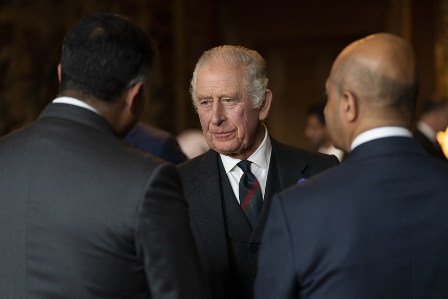 DUNFERMLINE, SCOTLAND - OCTOBER 03: King Charles III hosts a reception to celebrate British South Asian communities, in the Great Gallery at the Palace of Holyroodhouse on October 3, 2022 in Dunfermli ...