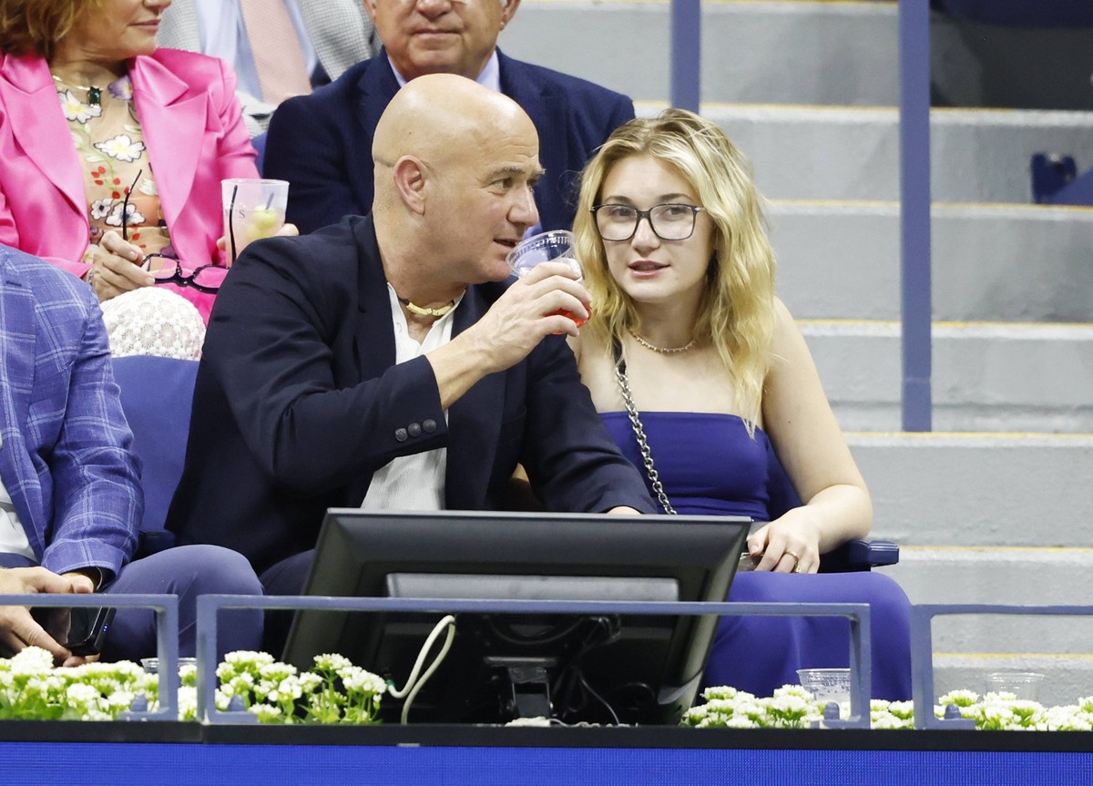 Andre Agassi and daughter Jaz Elle Agassi watch tennis in Arthur Ashe Stadium at the 2025 US Open Tennis Championship at the USTA Billie Jean King National Tennis Center in New York City on Sunday, Au ...