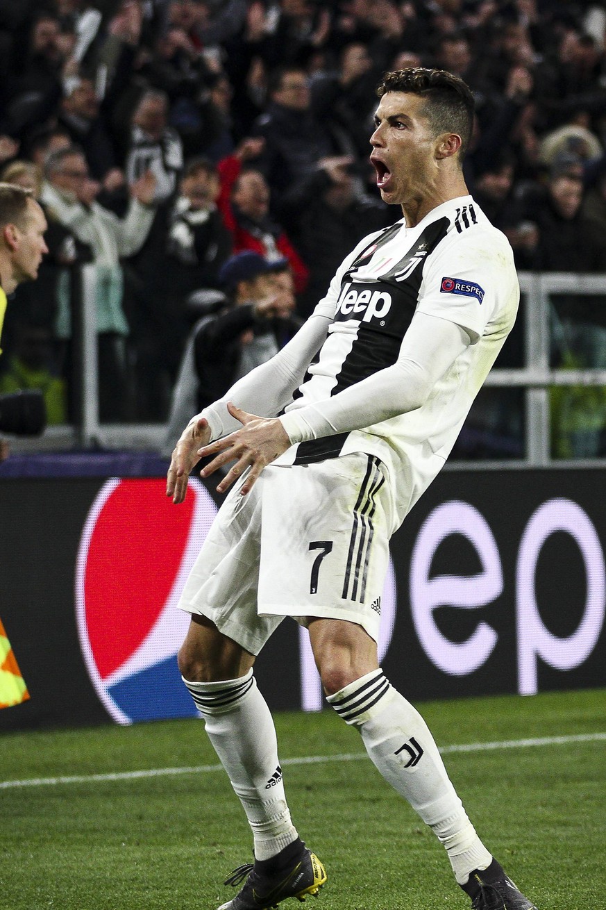 March 12, 2019 - Turin, Italy - Juventus forward Cristiano Ronaldo (7) celebrates victory after the Uefa Champions League Round of 16 football match JUVENTUS - ATLETICO MADRID on 12/03/2019 at the All ...