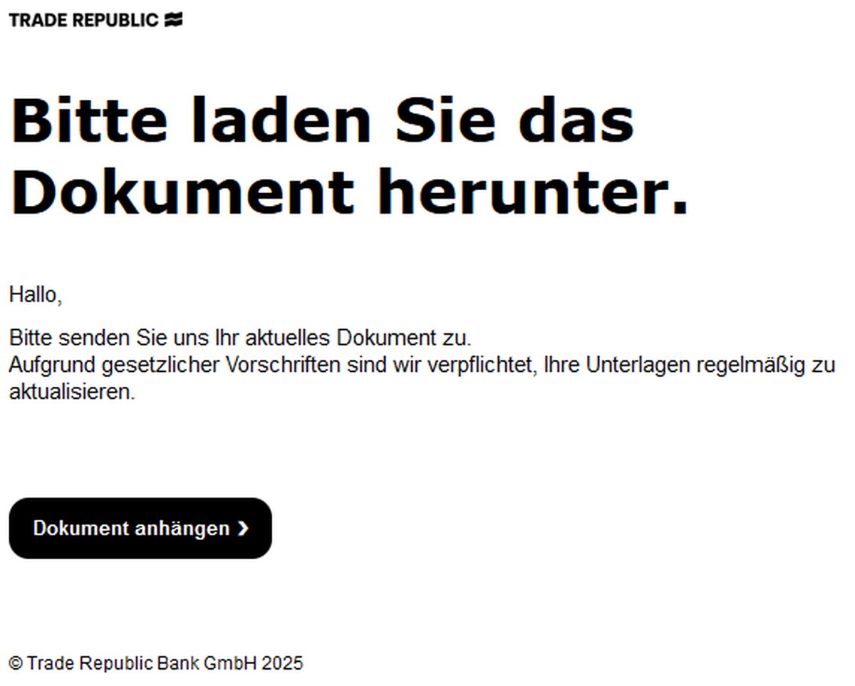 Vor dieser Mail an Trade-Republic-Kunden warnt die Verbraucherzentrale.