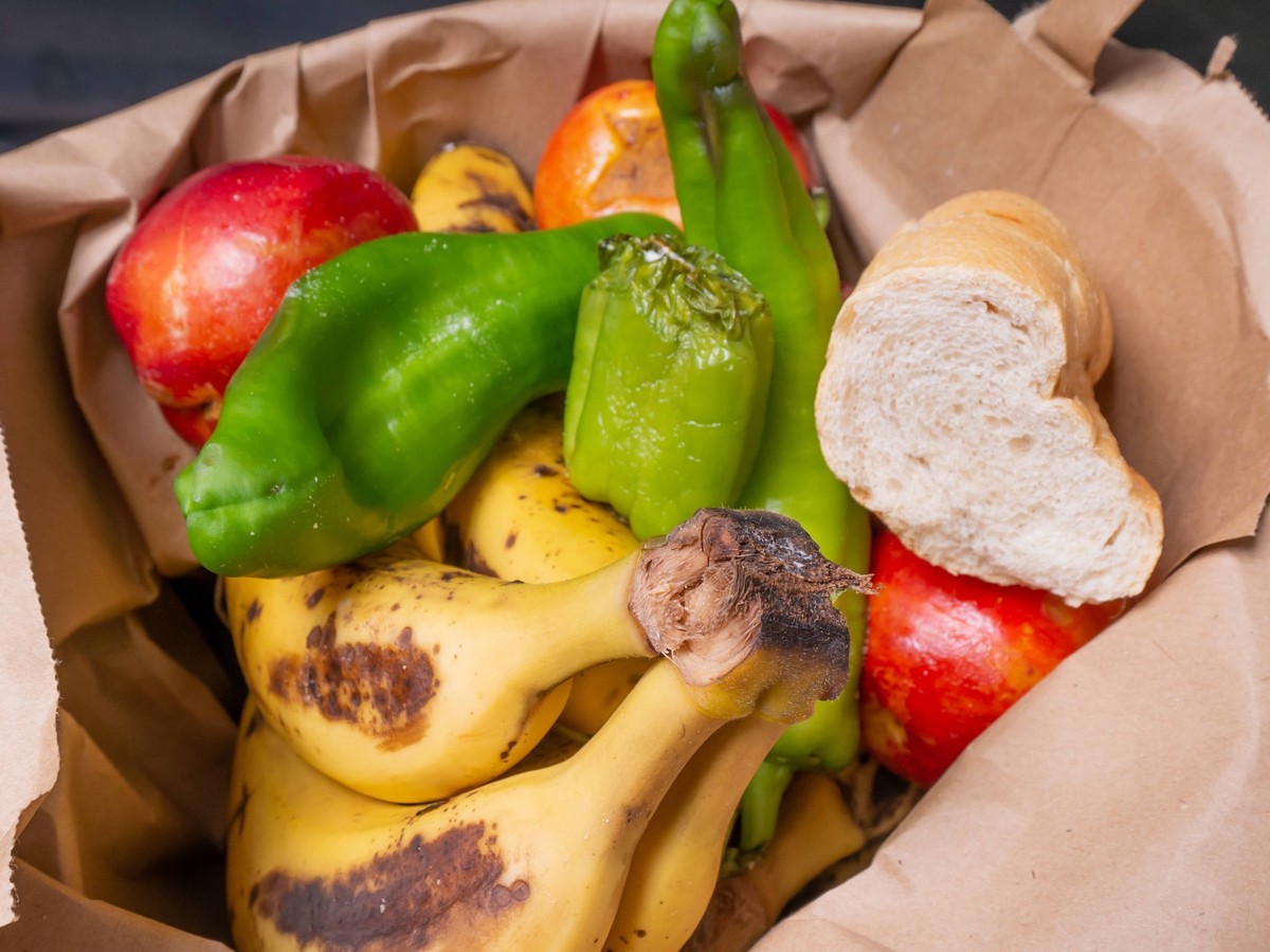 Verderbendes Obst und Brot in einem Mülleiner, Symbolbild Lebensmittelverschwendung *** spoiling the end Fruit and Bread in a trash bin, Symbol image food waste 1028901666
