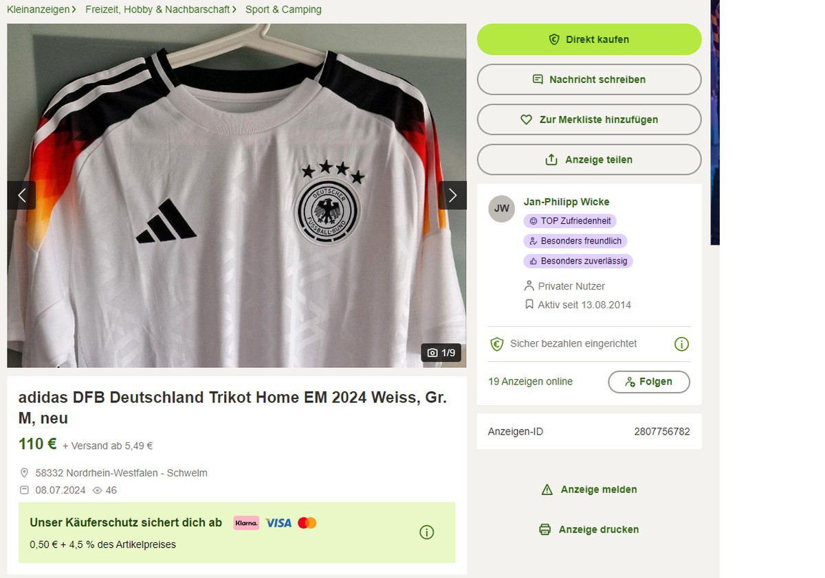 Das Angebot für das DFB-Trikot liegt sogar leicht über dem Medianpreis auf Kleinanzen.de.