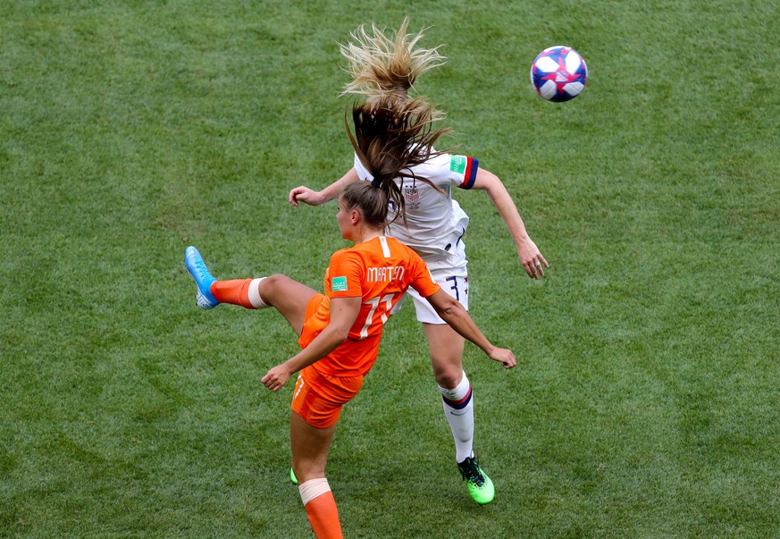 USA v Netherlands - FIFA Women s World Cup 2019 - Final - Stade de Lyon Netherlands Lieke Martens (left) and USA s Sam Mewis battle for the ball Editorial use only. No commercial use. No use with any  ...