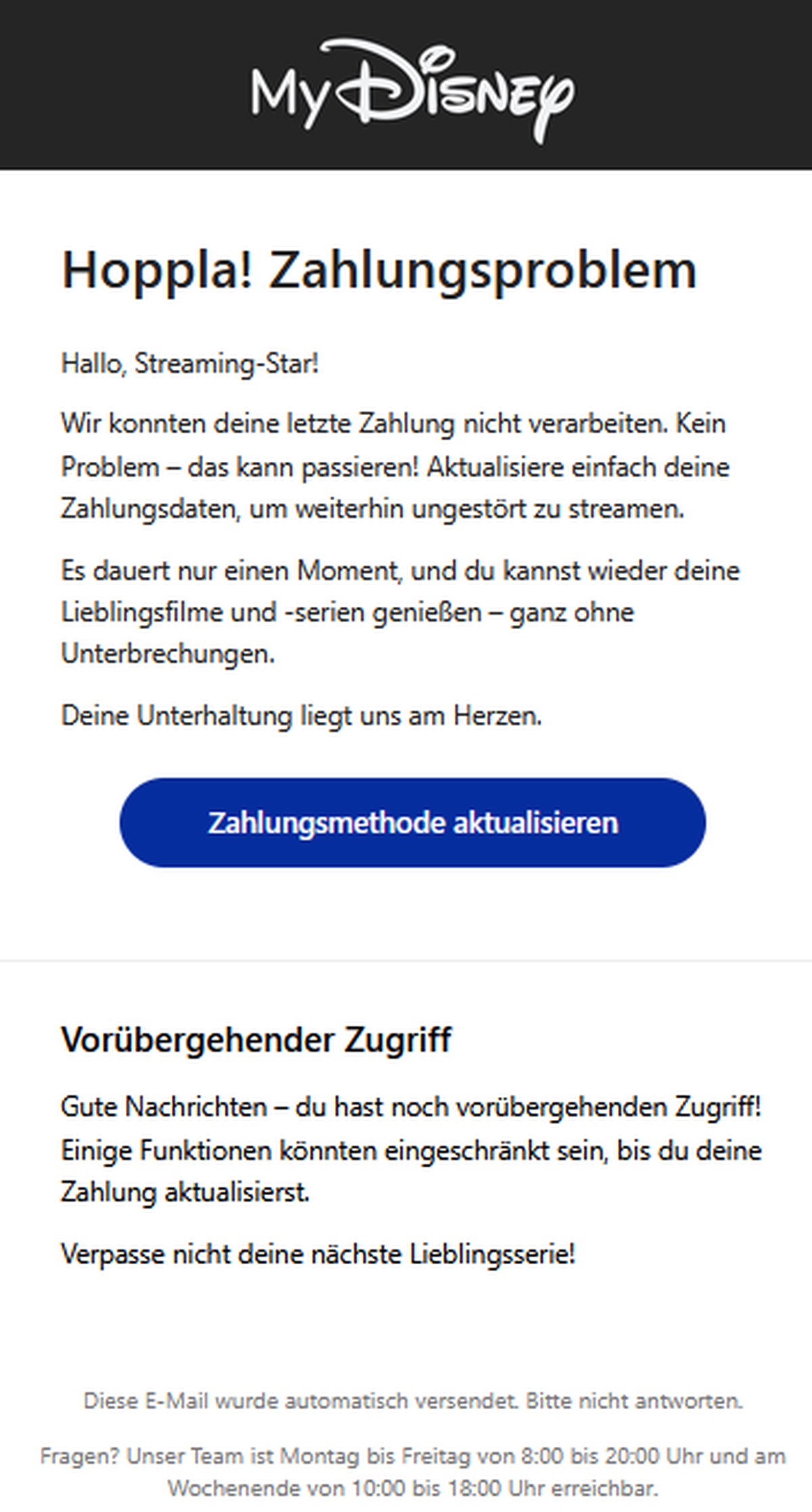 Vor dieser Mail an Disney-Kunden warnt die Verbraucherzentrale.