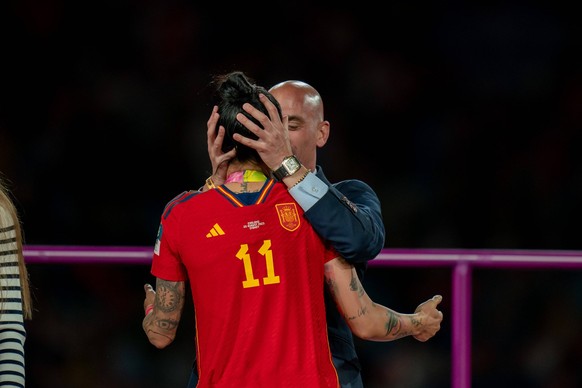 Sydney, Australia, August 20th 2023: Jenni Hermoso 10 Spain is kissed by president of the RFEF Luis Rubiales during the FIFA Womens World Cup 2023 Final football match between Spain and England at Sta ...