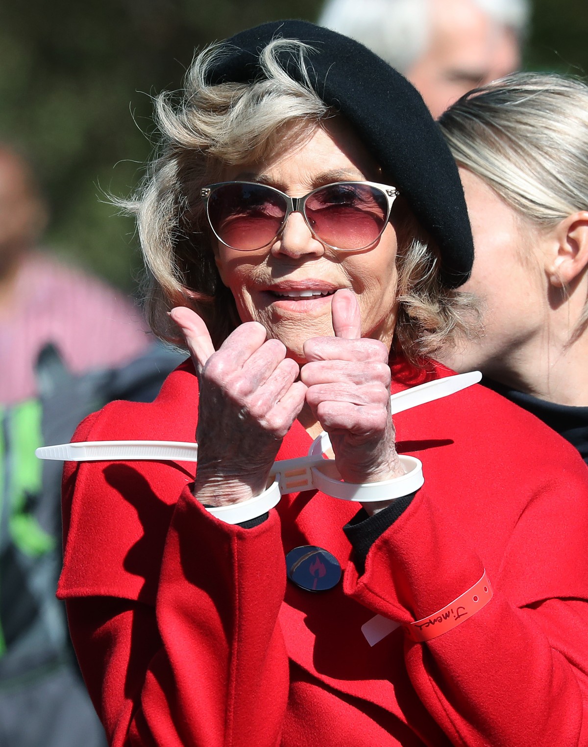WASHINGTON, DC - OCTOBER 18: Actress Jane Fonda is arrested for blocking a street in front of the U.S. Capitol during a “Fire Drill Fridays” climate change protest and rally on Capitol Hill, October 1 ...
