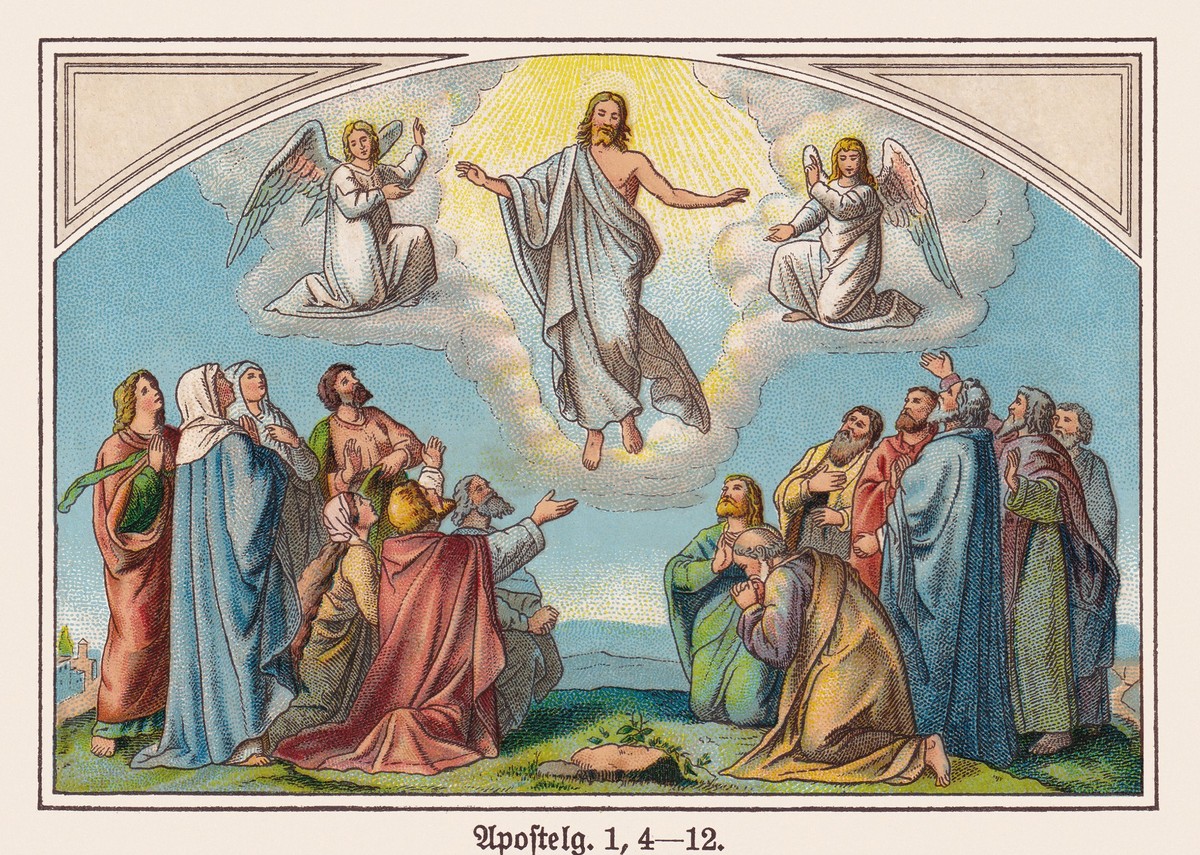 The Ascension of Christ (Acts 1, 4 - 12). Chromolithograph based on a drawing by Karl Gottlob Schönherr (Germann painter, 1824 - 1906), published ca. 1898.