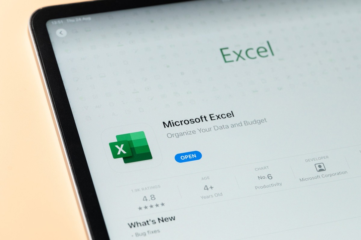 New York, USA - August 24, 2023: Microsoft excel app in Apple store on ipad tablet screen close up view Model Released Property Released xkwx Microsoft spreadsheet office data document excel app logo ...
