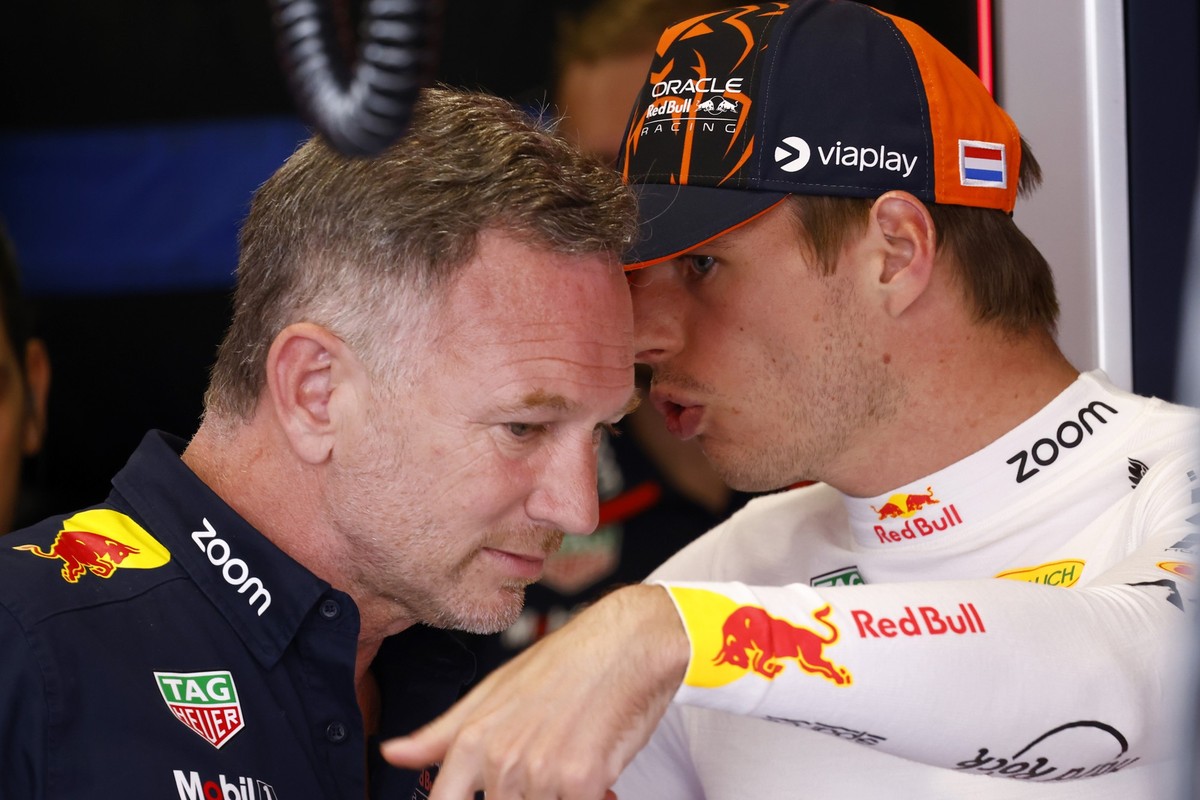 Red Bull Racing CEO, Christian Horner, speaks with Red Bull driver Max Verstappen of the Netherlands, during the 2nd practice session for the Formula 1 Spanish Grand Prix at the Barcelona Catalunya ra ...