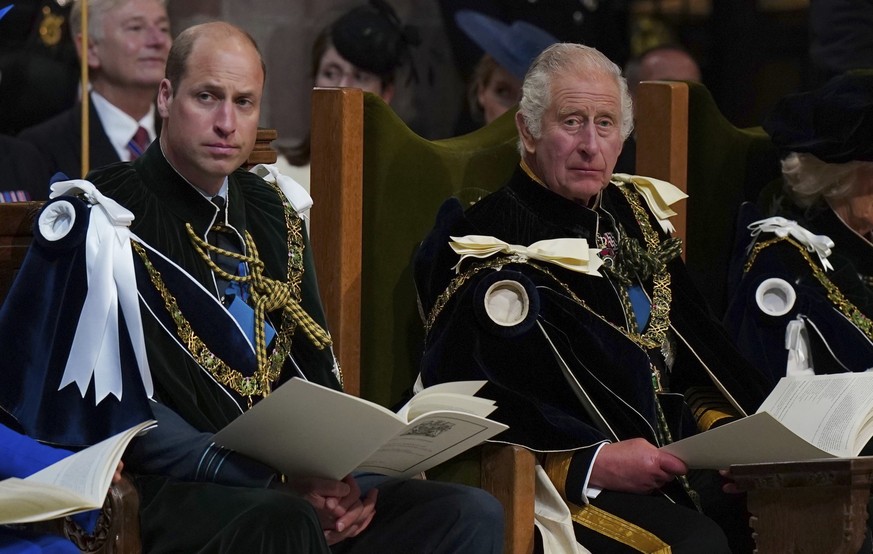 FILE - Britain&#039;s Prince William, known as the Duke of Rothesay while in Scotland, and King Charles III during the National Service of Thanksgiving and Dedication for King Charles III and Queen Ca ...