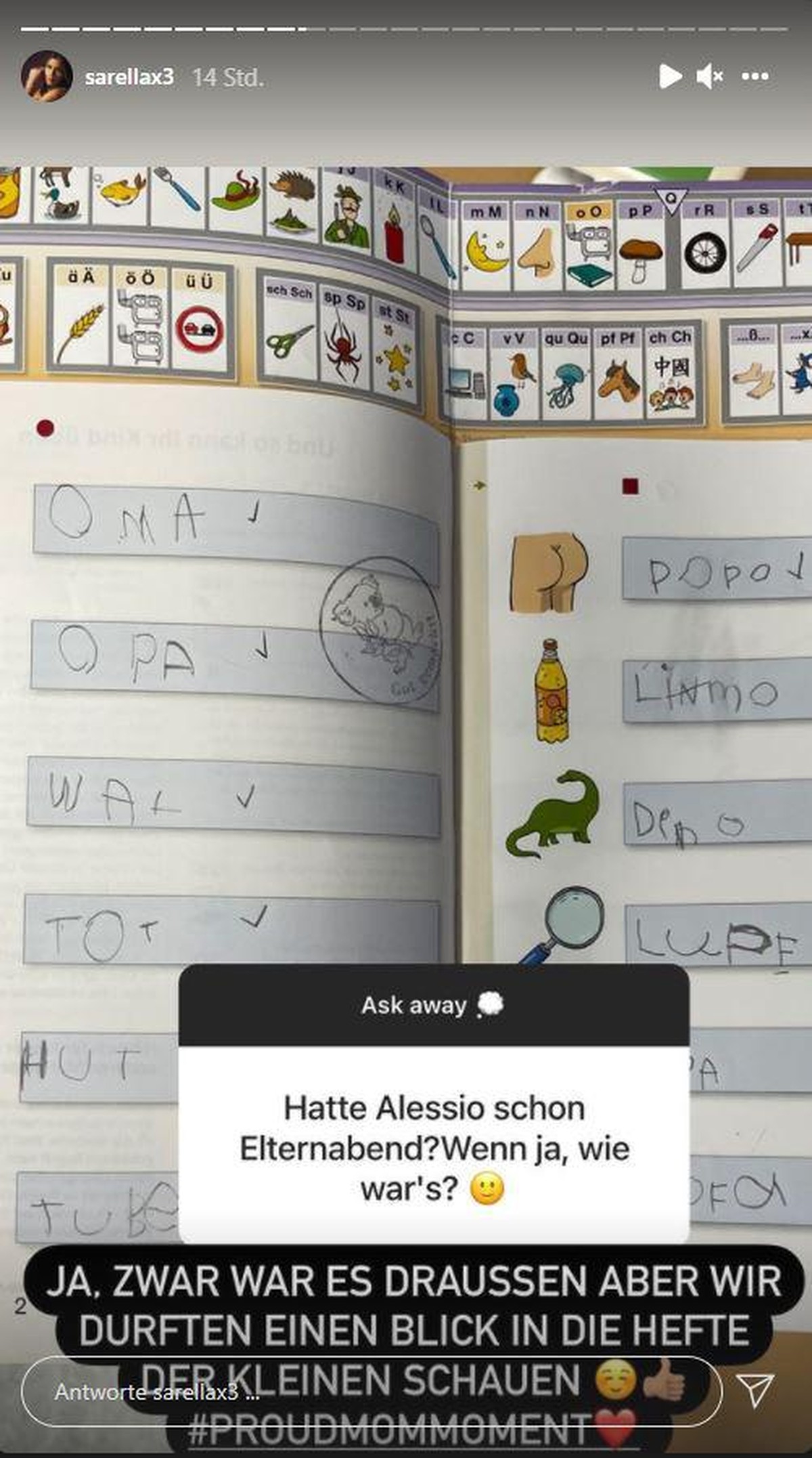 Sarah Engels postete ein Bild aus dem Schreibheft ihres Sohnes.