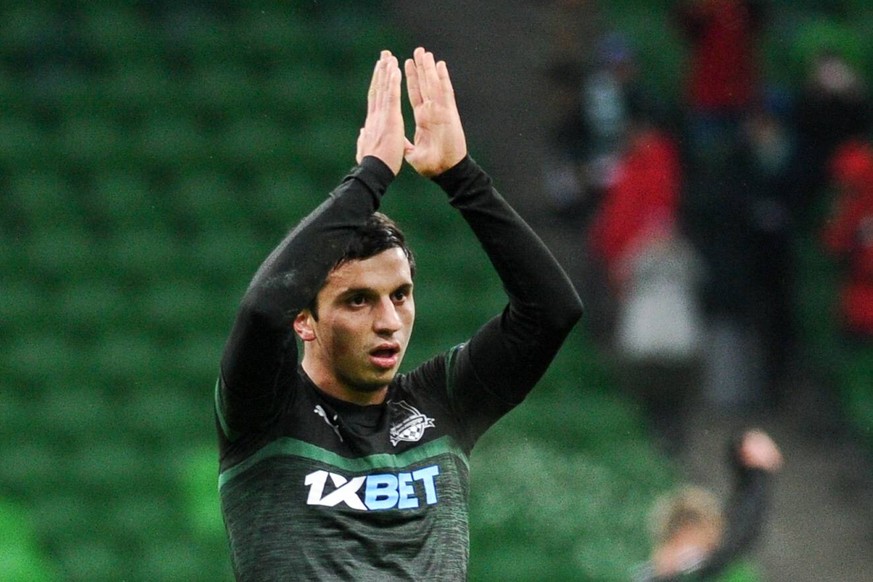 KRASNODAR, RUSSIA - NOVEMBER 29, 2018: FC Krasnodar s Magomed-Shapi Suleimanov celebrates his team s victory in the 2018/19 UEFA Europa League Group J Round 5 football match against Akhisar Belediyesp ...